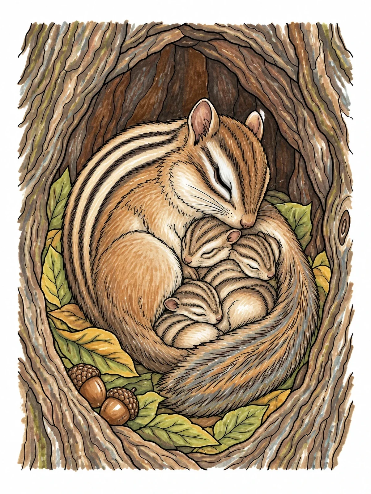 Colored example of the Mother Chipmunk And Sleeping Babies coloring page