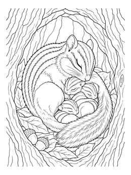 A peaceful mother chipmunk coloring page nestled with her sleeping pups inside a hollow tree.