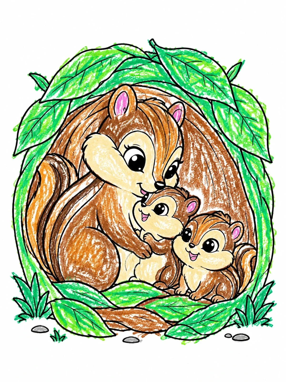 Colored example of the Mother Chipmunk With Little Pups coloring page