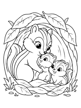 A sweet mother and baby pups rest in a nest on this chipmunk coloring page.