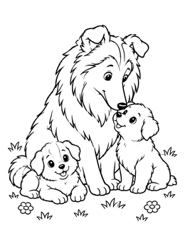 Free printable Mother Collie With Cute Puppies coloring page