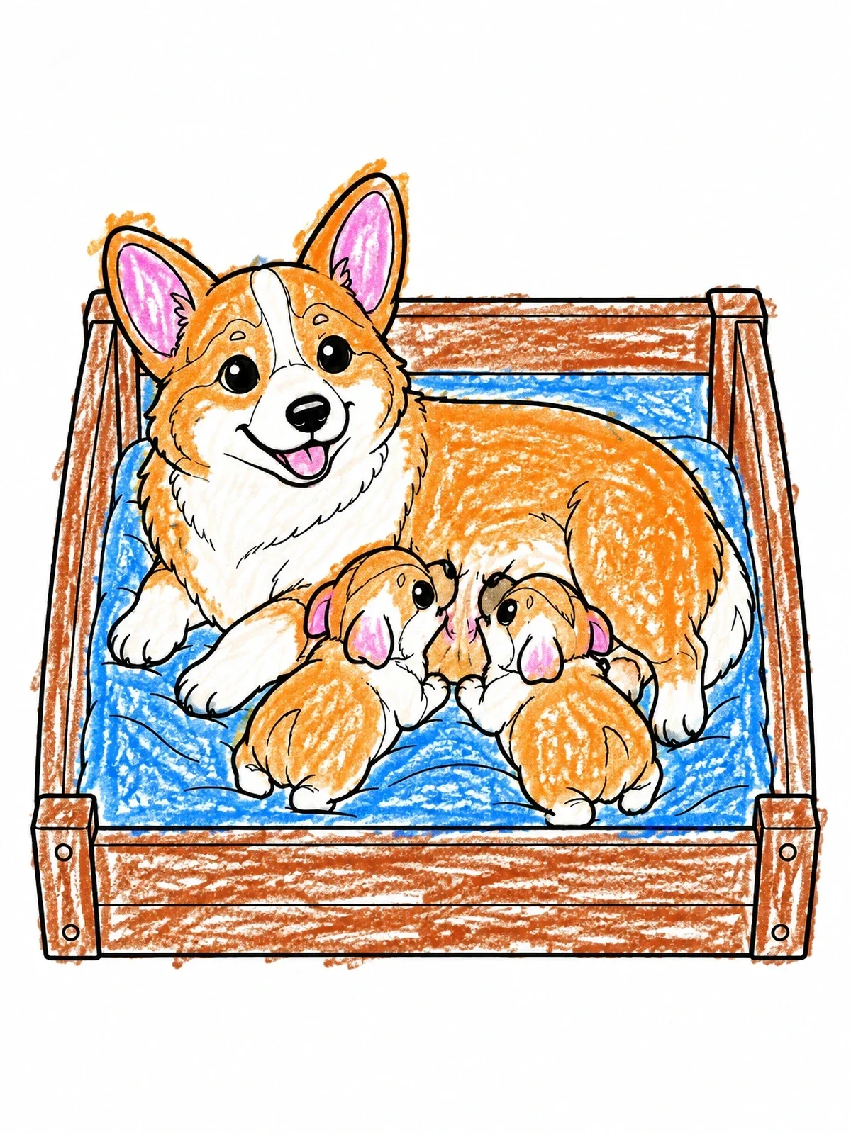 Colored example of the Mother Corgi With Tiny Puppies coloring page