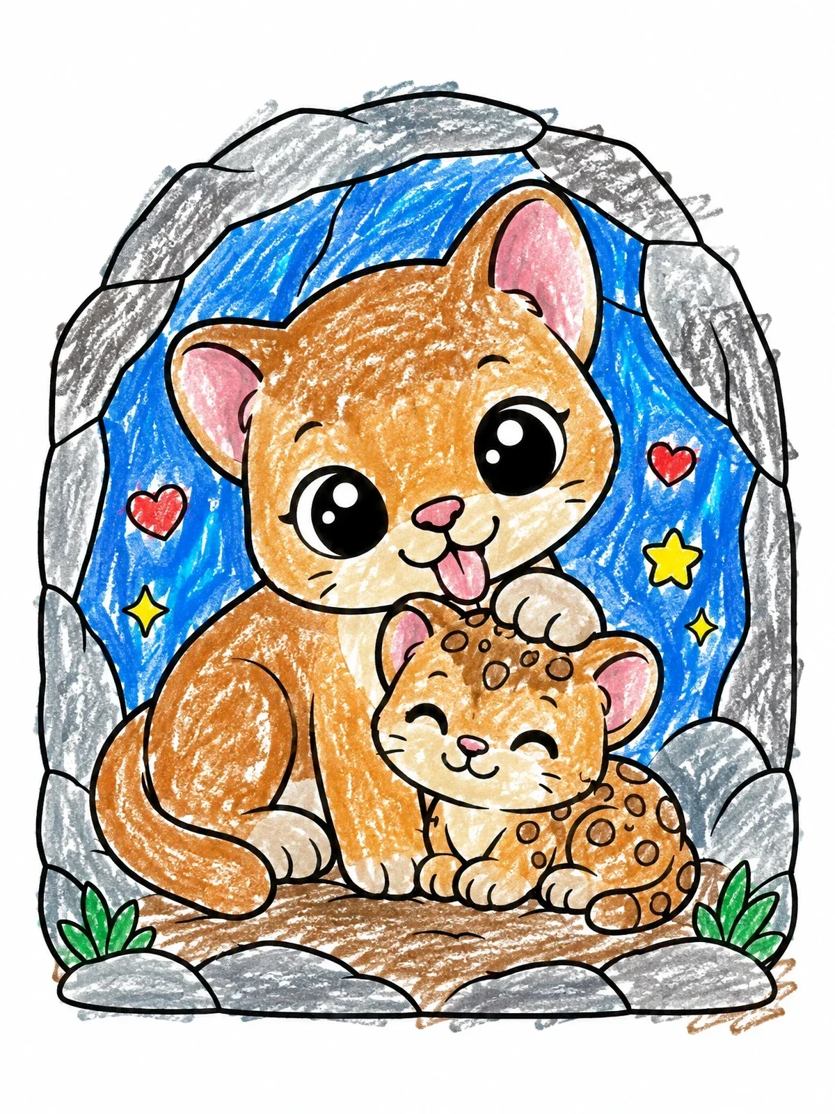 Colored example of the Mother Cougar Grooming Her Cub coloring page