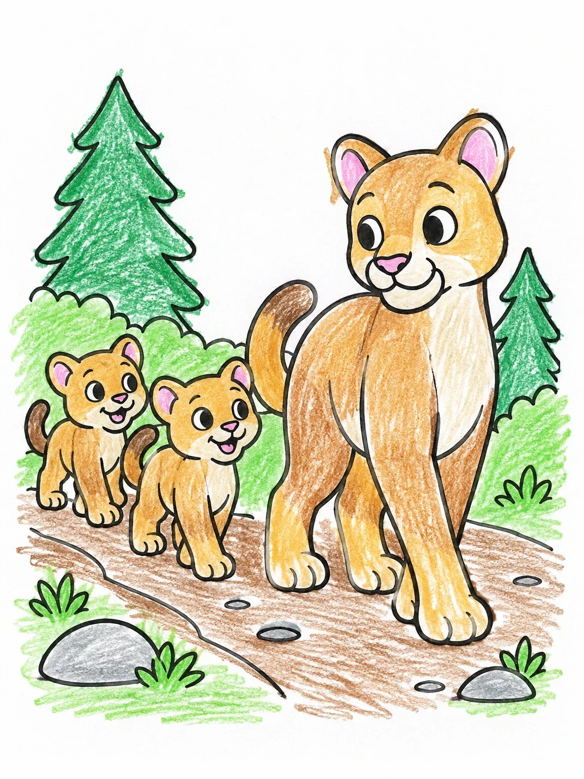 Colored example of the Mother Cougar Leading Her Cubs coloring page