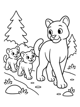 Free printable Mother Cougar Leading Her Cubs coloring page