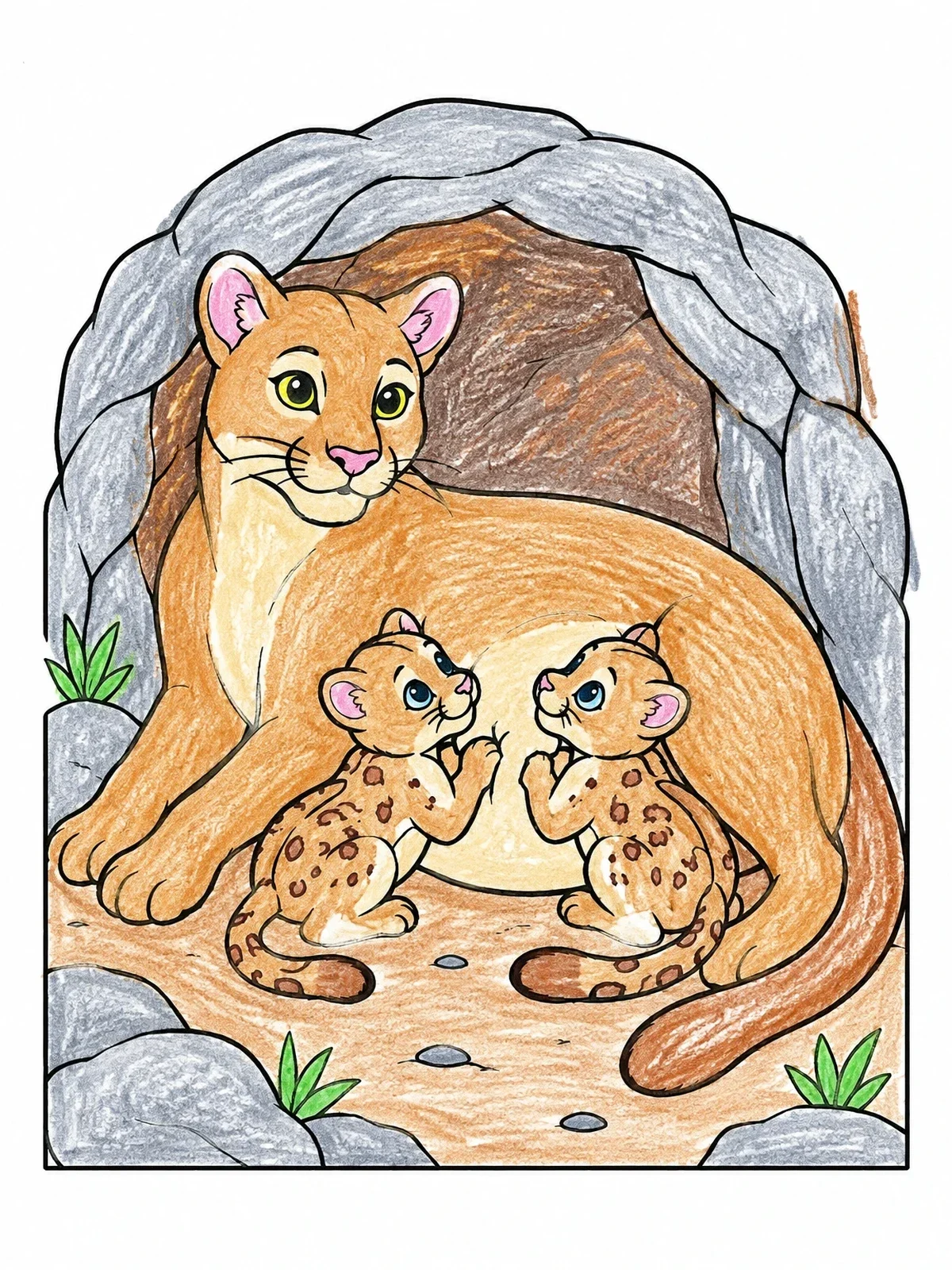 Colored example of the Mother Cougar With Spotted Cubs coloring page
