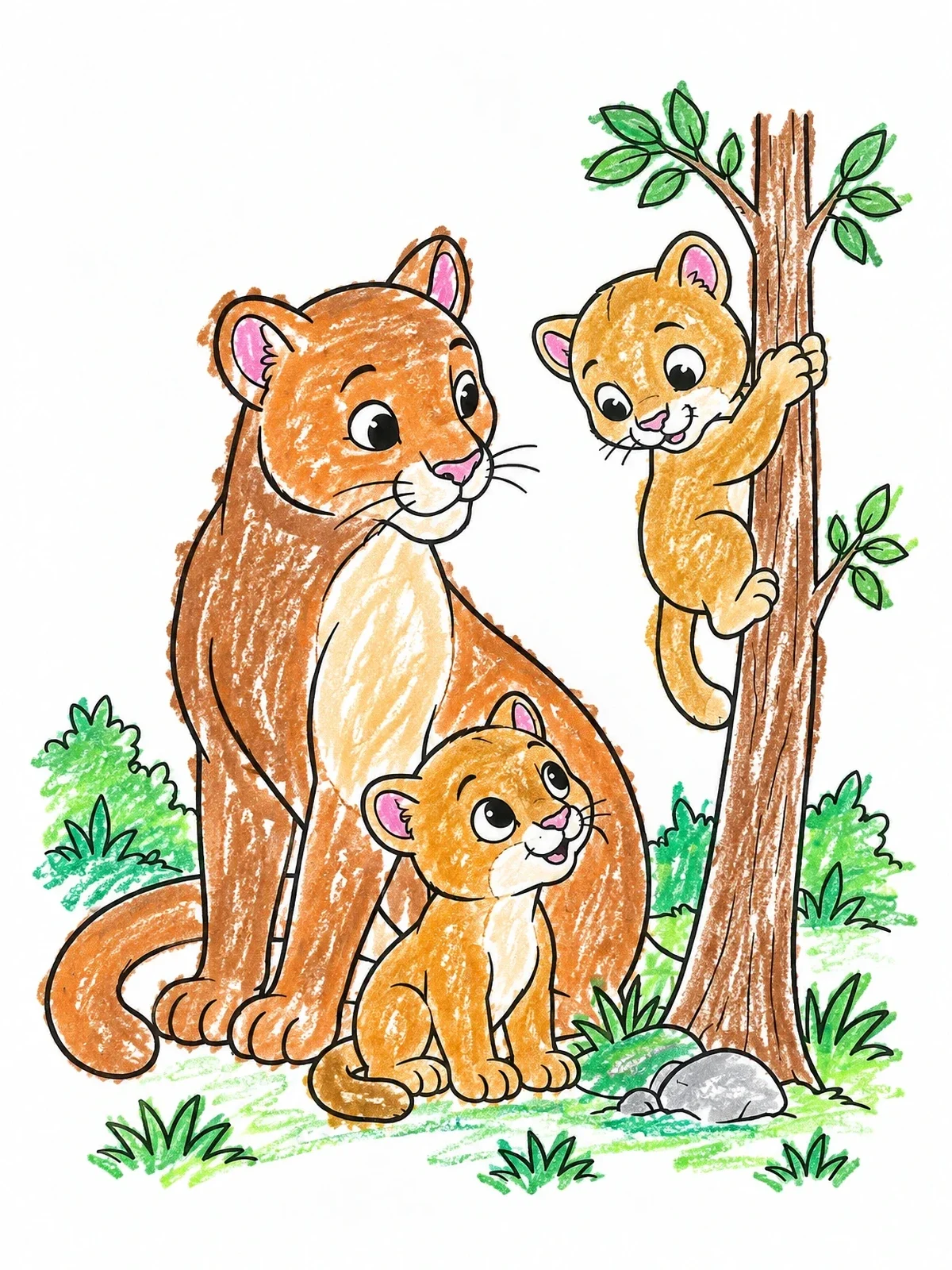 Colored example of the Mother Cougar With Playful Cubs coloring page