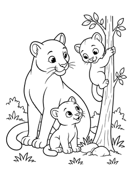Free printable Mother Cougar With Playful Cubs coloring page