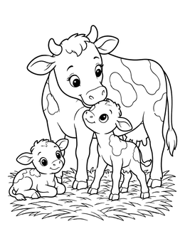 A sweet cow coloring page featuring a mother cow caring for two adorable calves.