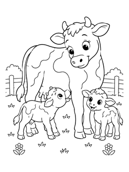 A mother cow stands in a pasture with two calves on this cute cow coloring page.