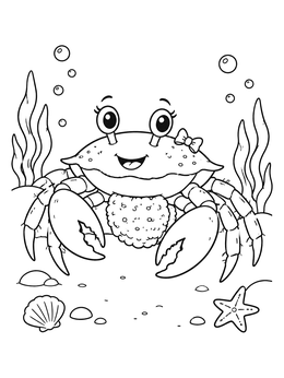 A cheerful mother crab coloring page showing her carrying an egg mass on the ocean floor.
