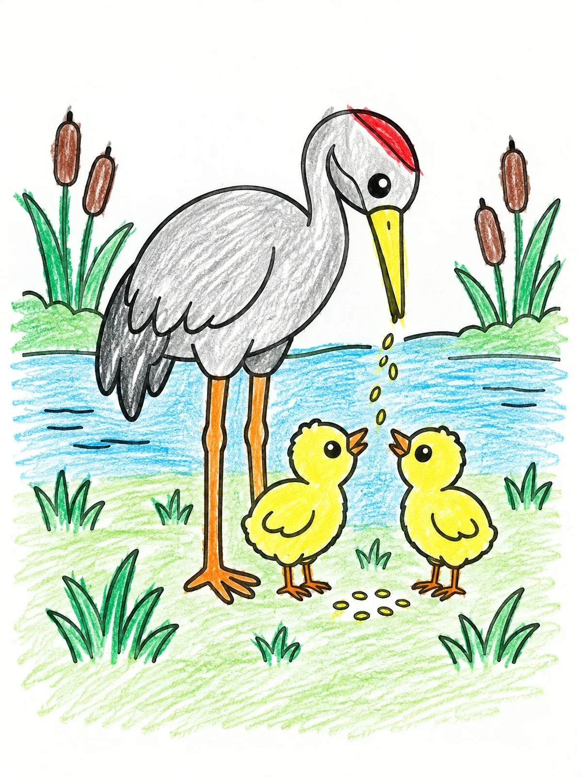 Colored example of the Mother Crane With Chicks coloring page