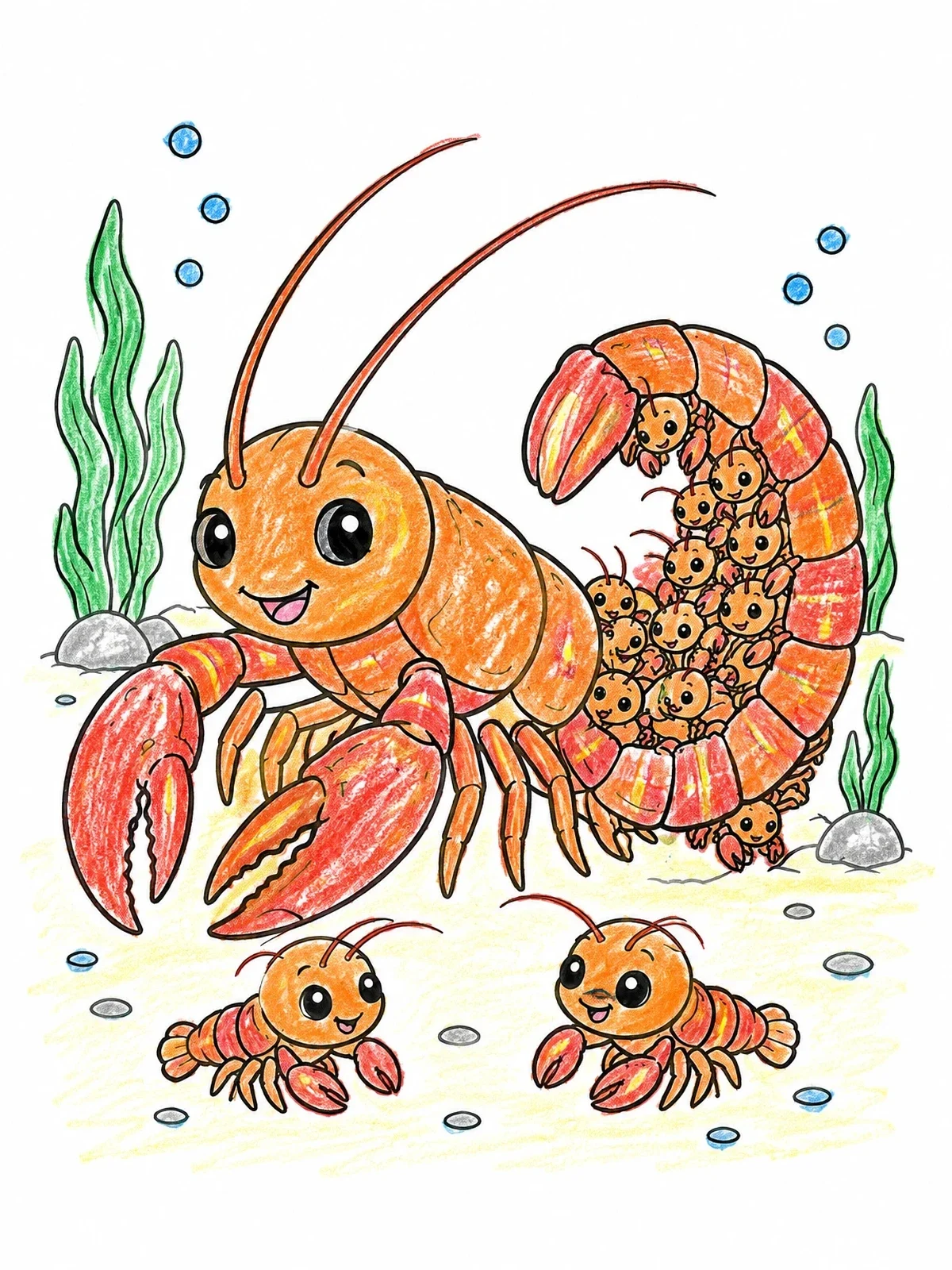 Colored example of the Mother Crawfish And Tiny Babies coloring page