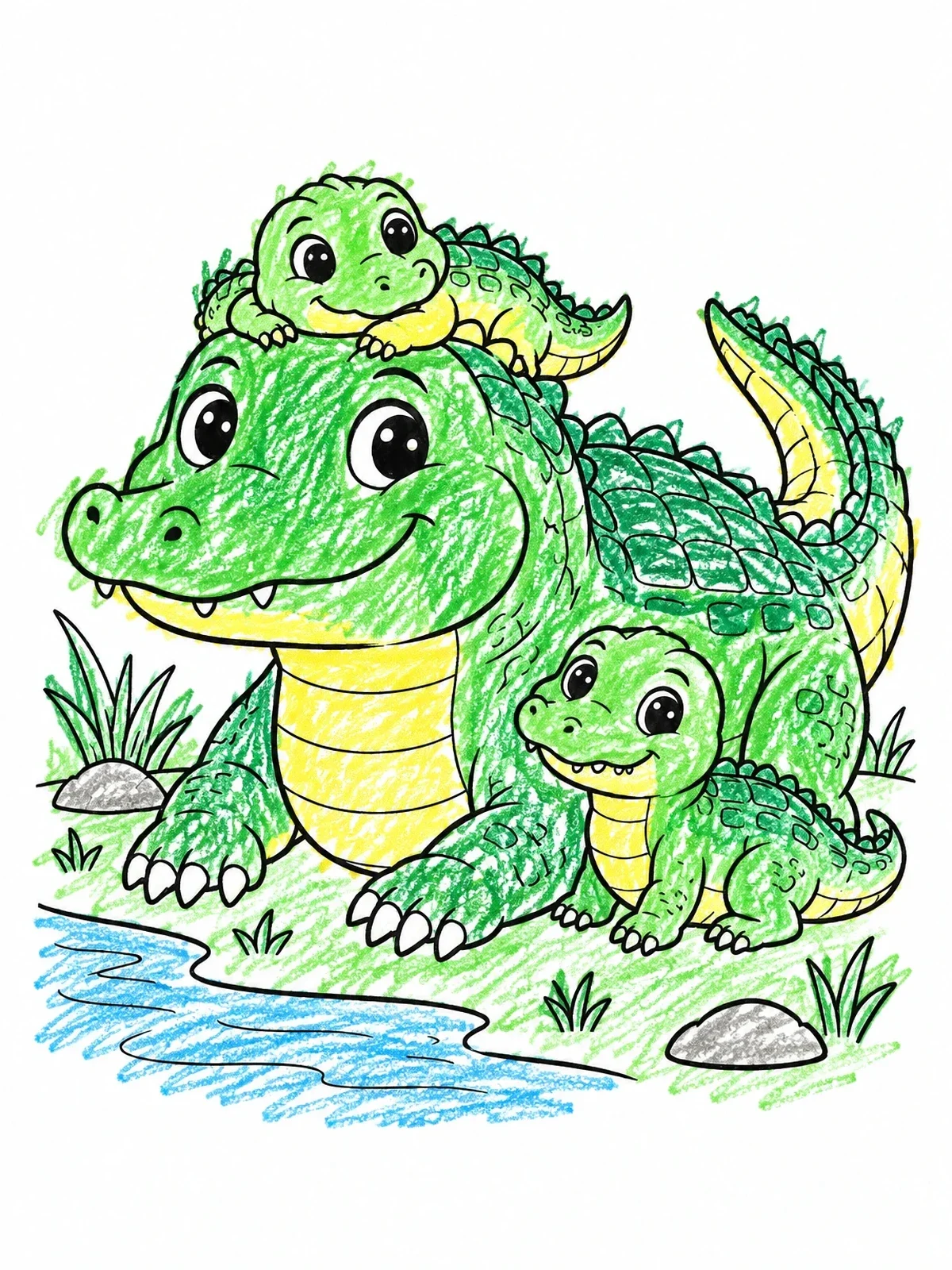 Colored example of the Mother Crocodile With Cute Babies coloring page