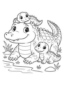 A friendly mother crocodile coloring page with two happy babies by the water.