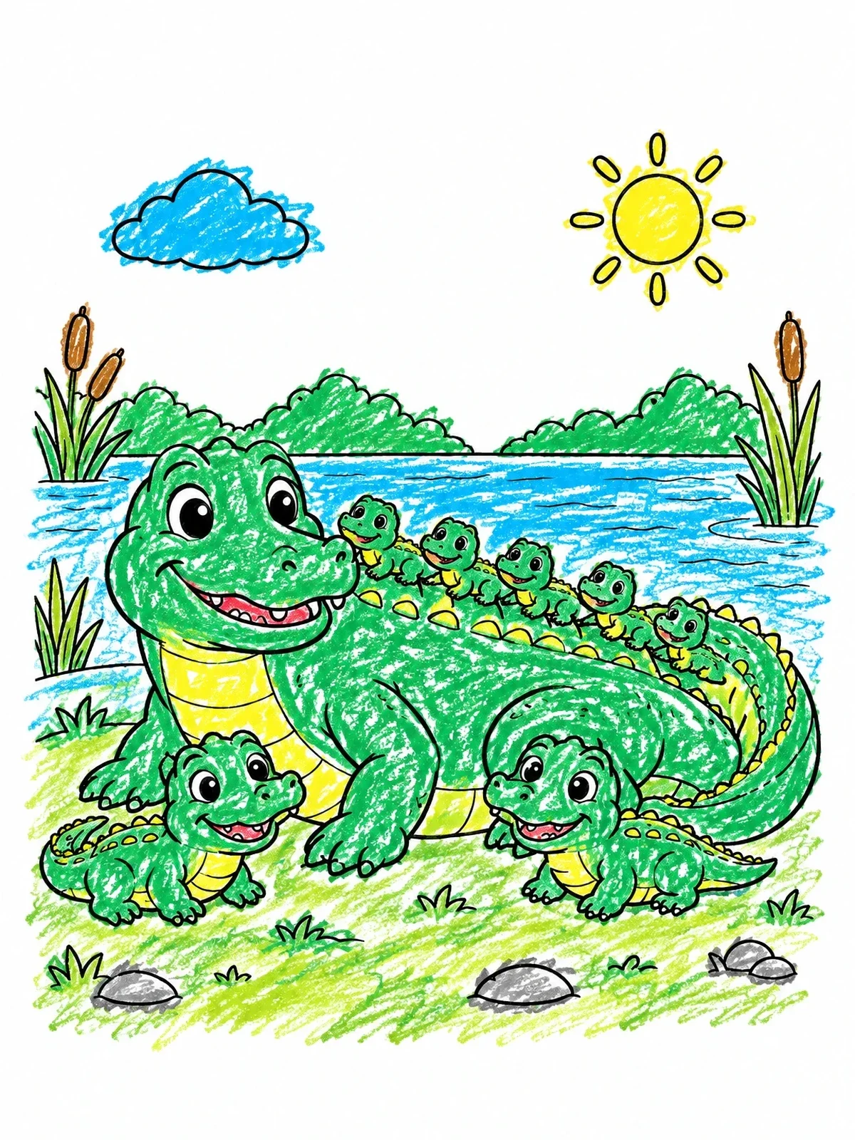 Colored example of the Mother Crocodile With Cute Hatchlings coloring page
