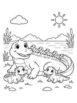 A mother crocodile coloring page featuring tiny baby hatchlings riding on her back near the riverbank.