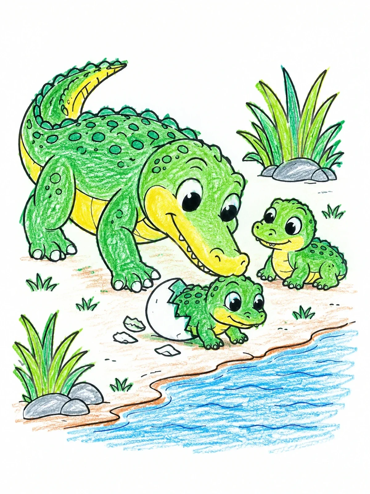 Colored example of the Mother Crocodile With Cute Hatchlings coloring page