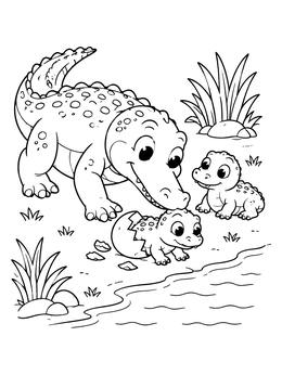 A mother crocodile nudges her baby near water in this crocodile coloring page.