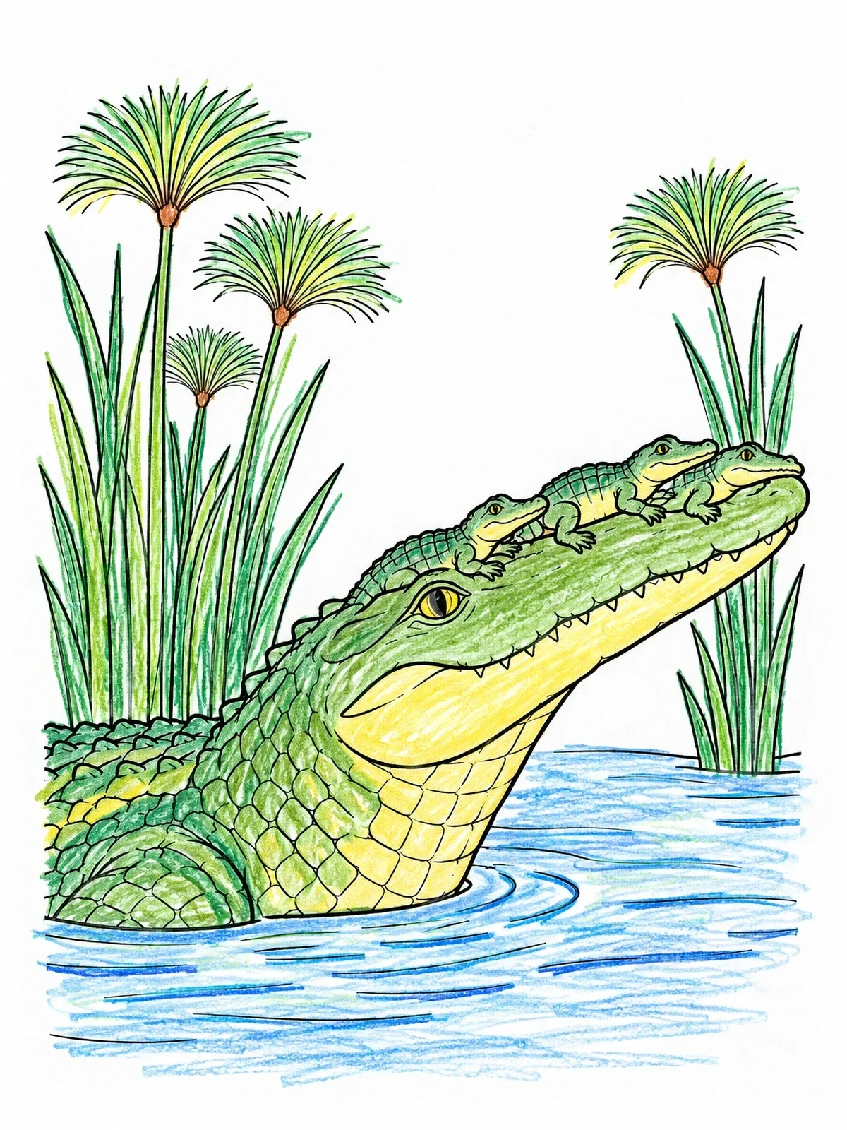 Colored example of the Mother Crocodile With Tiny Hatchlings coloring page