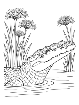 A mother alligator and baby reptiles in this detailed crocodile coloring page.