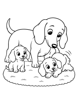 A mother dog and two pups on a rug in this dachshund coloring page.