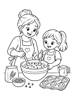Free printable Mother And Daughter Baking Muffins coloring page