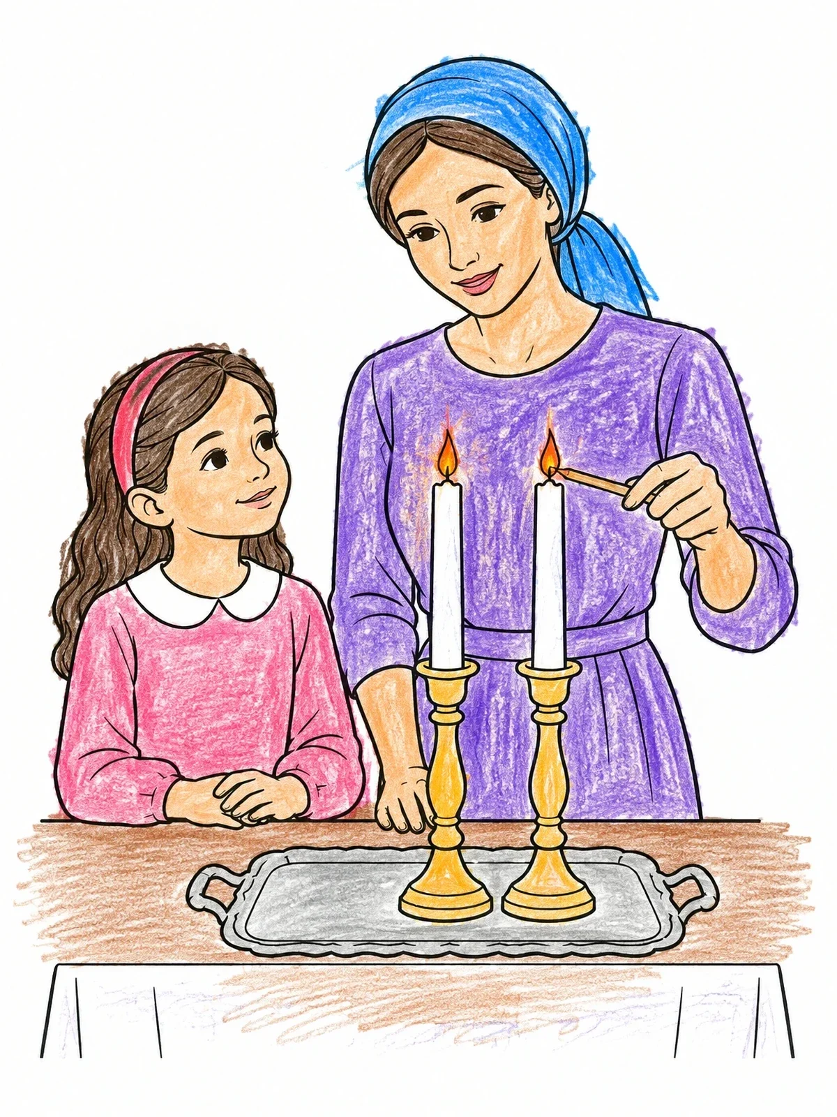 Colored example of the Lighting The Shabbat Candles Together coloring page