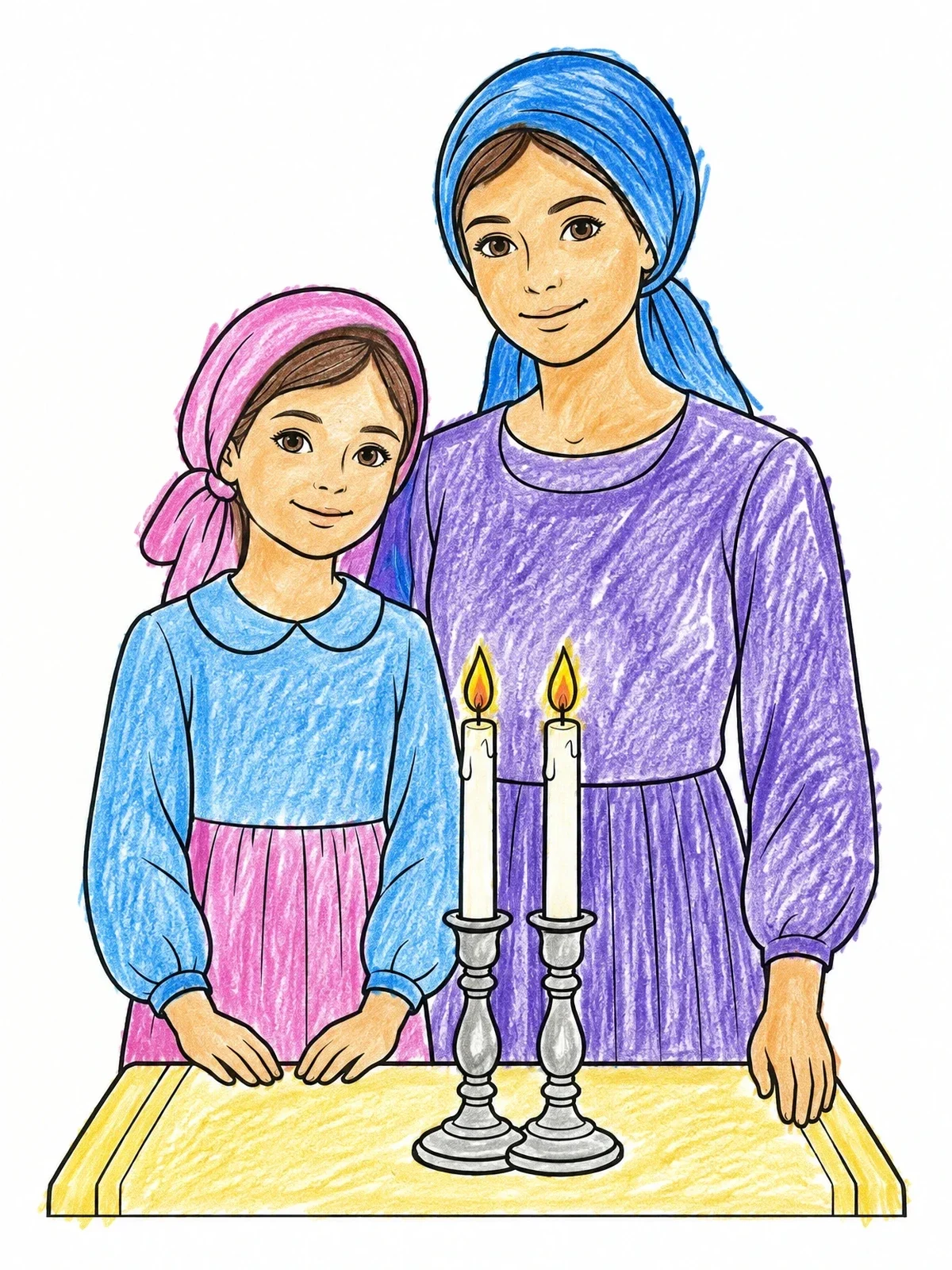 Colored example of the Mother And Daughter Shabbat Candles coloring page
