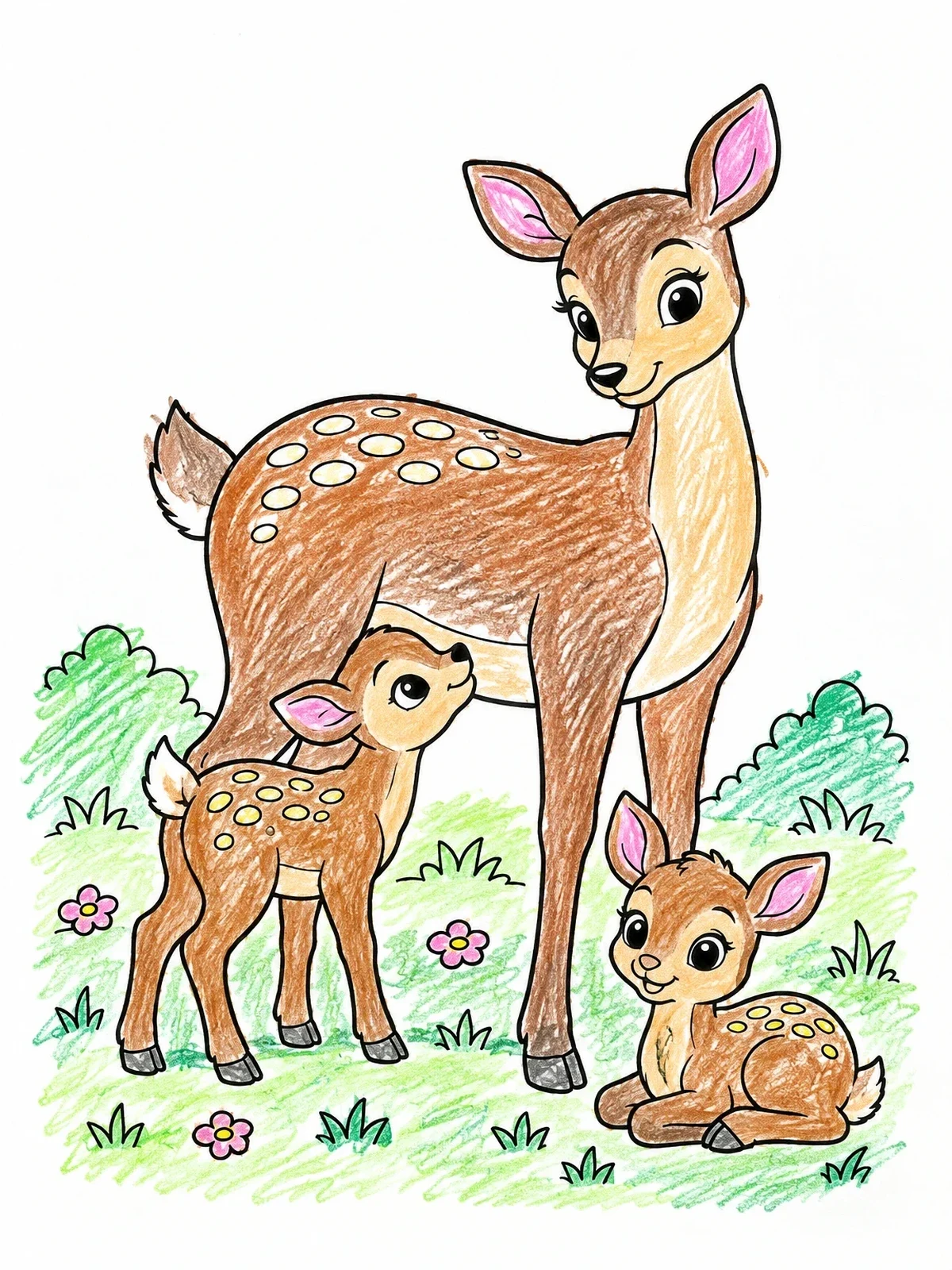 Colored example of the Mother Deer With Cute Fawns coloring page