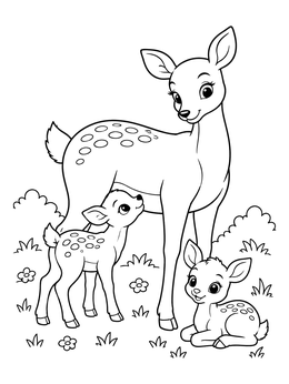 A gentle deer coloring page featuring a doe standing with her two spotted baby fawns in a meadow.