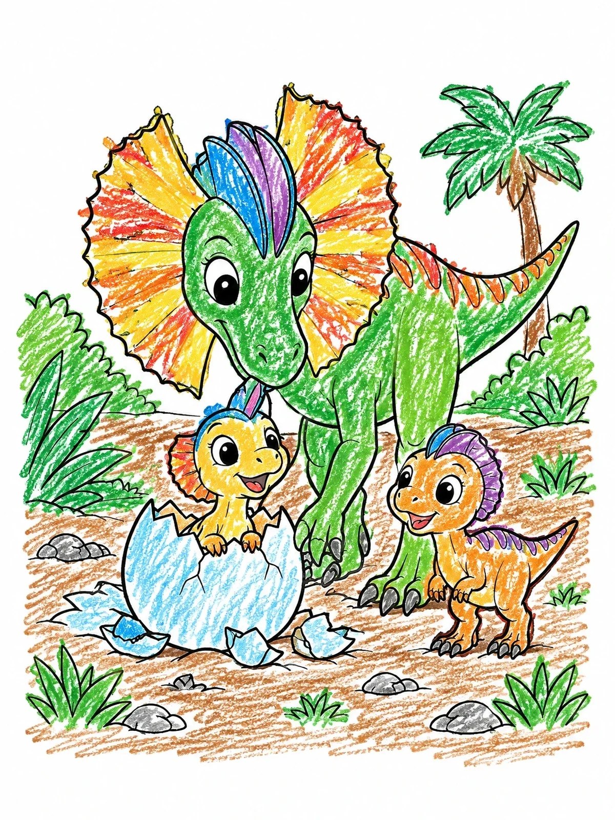 Colored example of the Mother Dilophosaurus And Hatching Babies coloring page