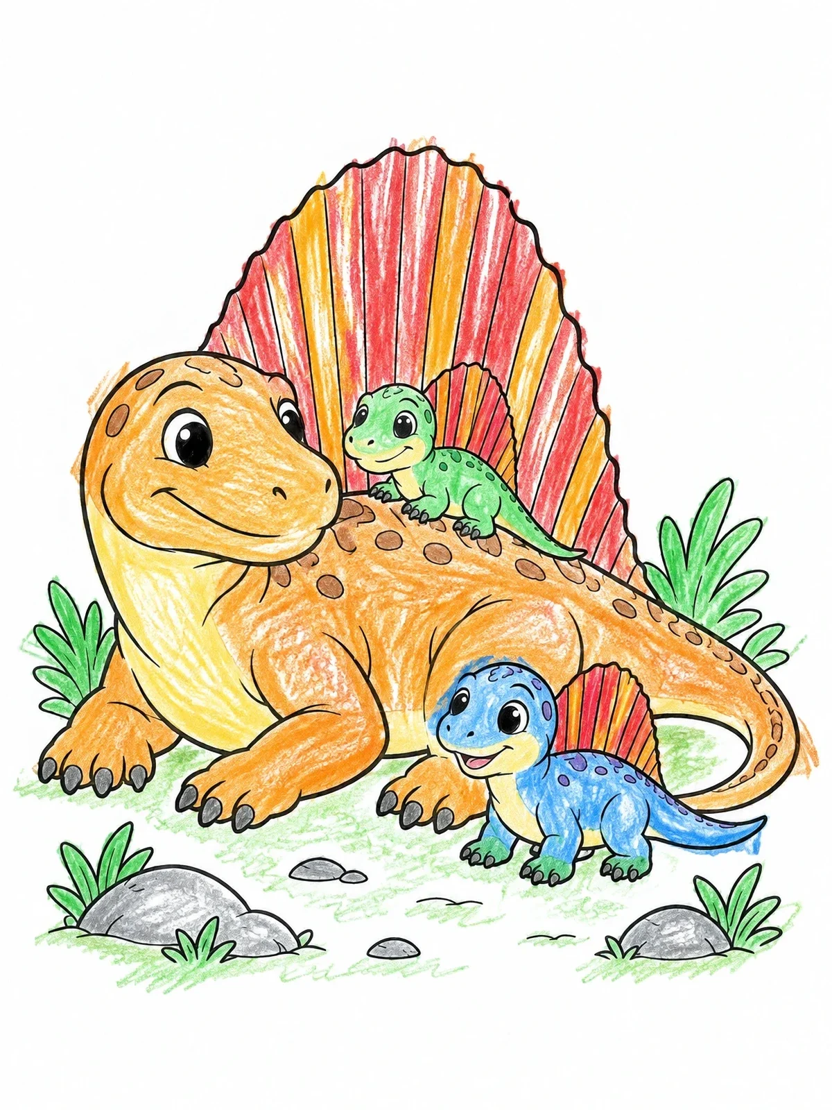 Colored example of the Mother Dimetrodon With Cute Babies coloring page