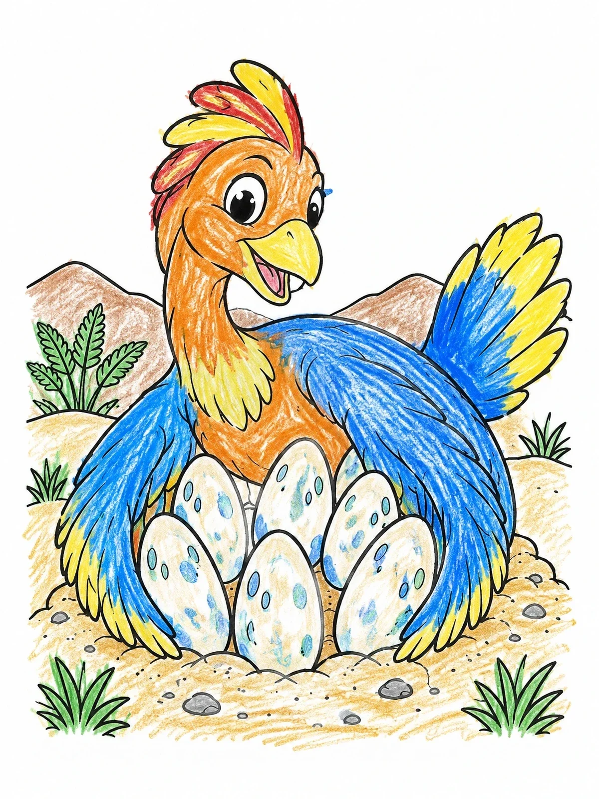 Colored example of the Mother Dinosaur Guarding Her Eggs coloring page