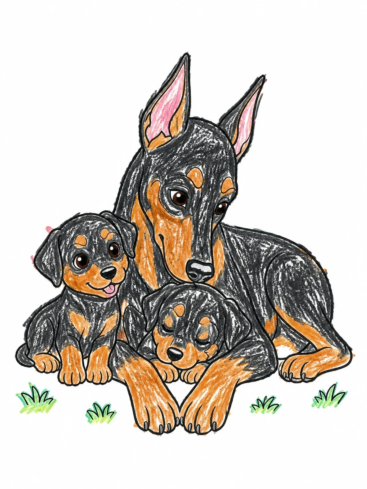 Colored example of the Mother Doberman Pinscher With Puppies coloring page