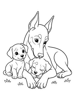 Free printable Mother Doberman Pinscher With Puppies coloring page