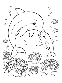 A mother dolphin swimming near her calf above anemones in this dolphin coloring page.