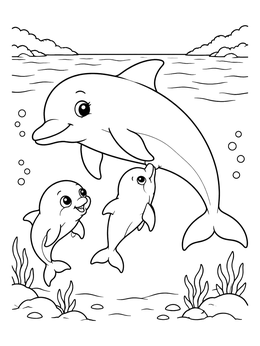 A mother dolphin swims with two calves in this ocean dolphin coloring page.