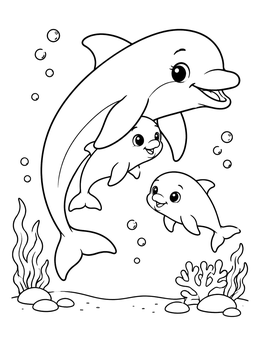 Mother and baby dolphins on a dolphin coloring page with corals and seaweed.