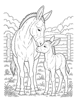 Mother donkey tenderly nuzzling her foal on a donkey coloring page.