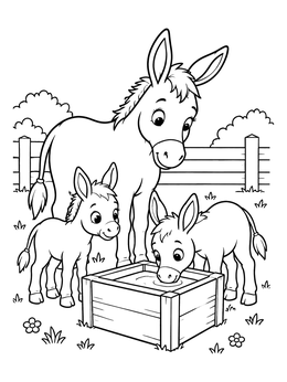 A friendly mother donkey and two foals at a water trough in this donkey coloring page.
