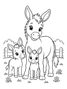 Free printable Mother Donkey With Two Foals coloring page