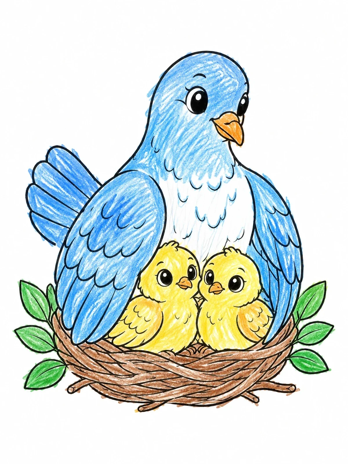Colored example of the Mother Dove And Chicks In Nest coloring page