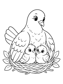 Free printable Mother Dove And Chicks In Nest coloring page