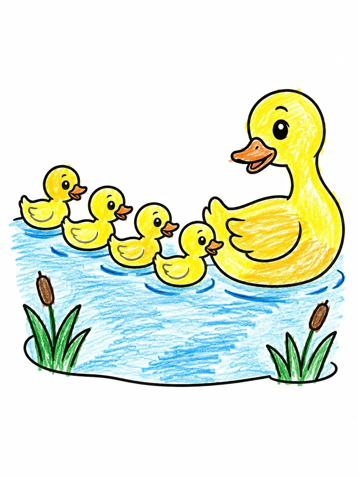 Colored example of the Mother Duck And Swimming Ducklings coloring page