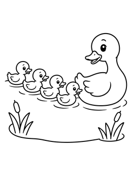 A mother duck leads her four ducklings on a pond in this duck coloring page.