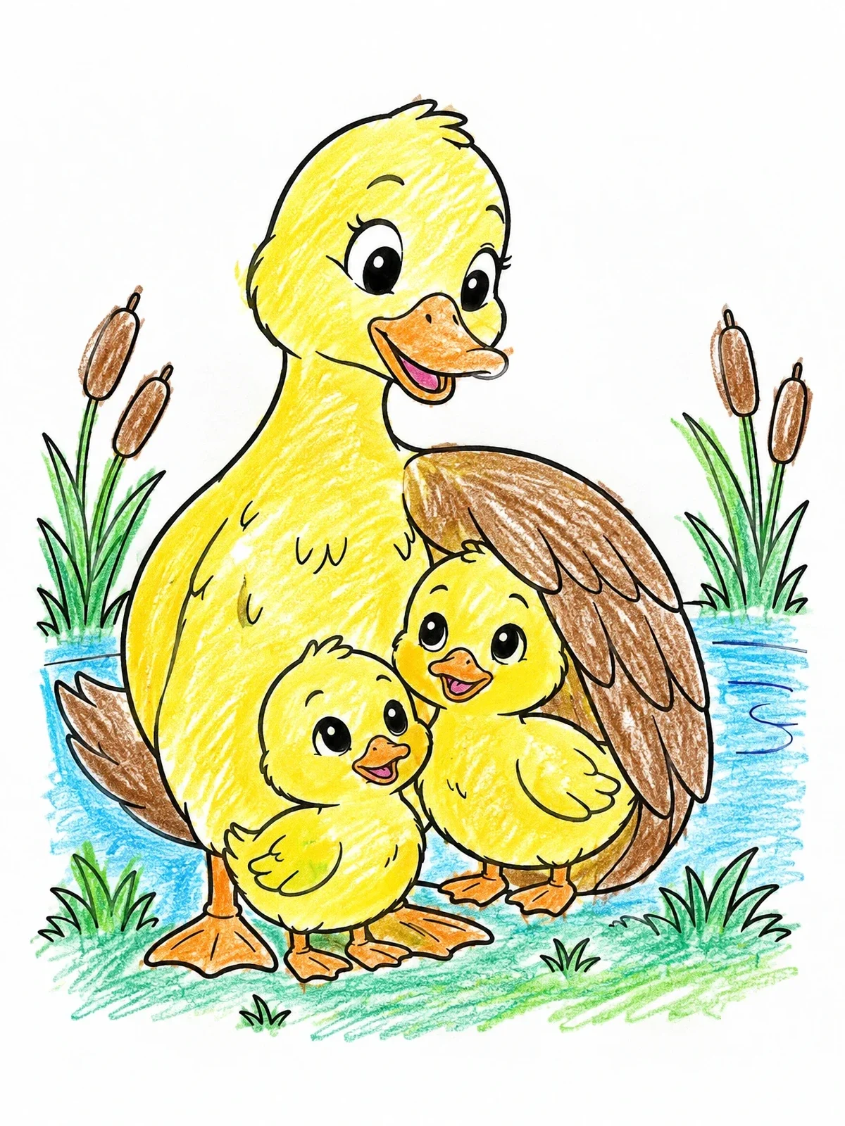 Colored example of the Mother Duck With Cute Ducklings coloring page
