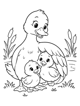 A mother duck sheltering two cute ducklings in this duck coloring page.