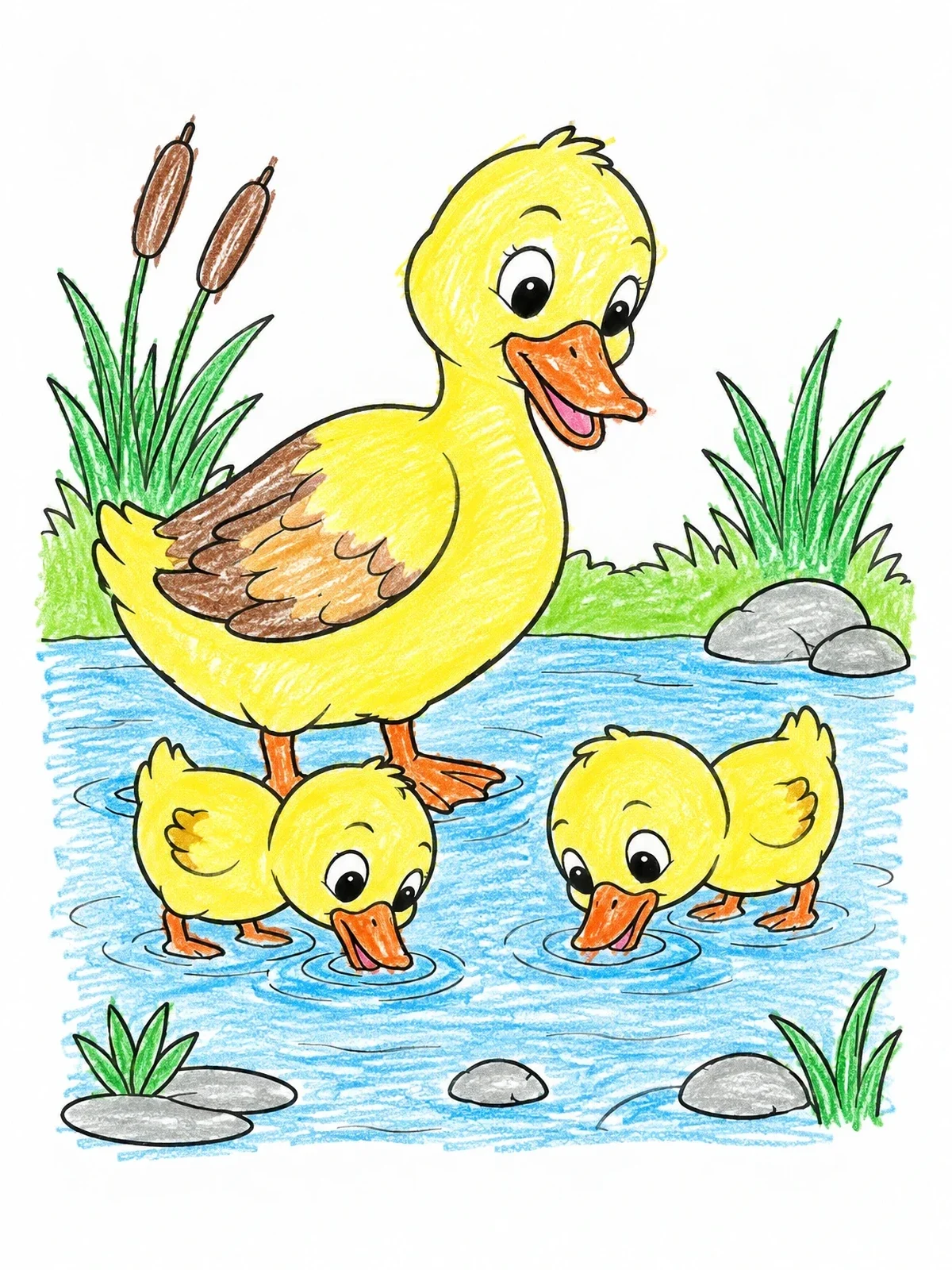 Colored example of the Mother Duck With Dabbling Ducklings coloring page