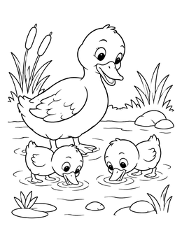 A mother duck watches her ducklings in this duck coloring page.